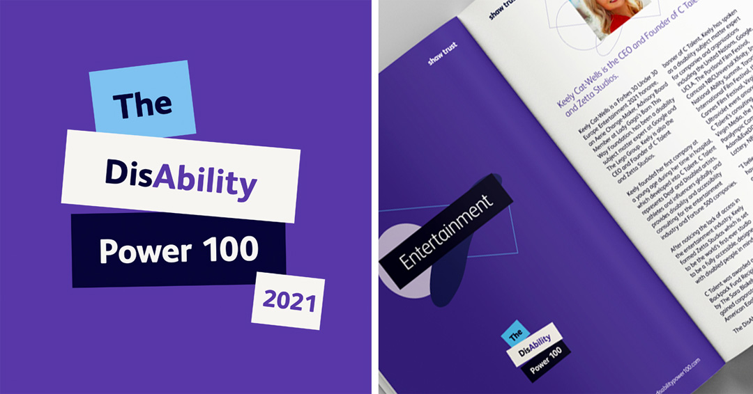 Pic showing the updated Disability Power 100 logo and a spread from the new publication