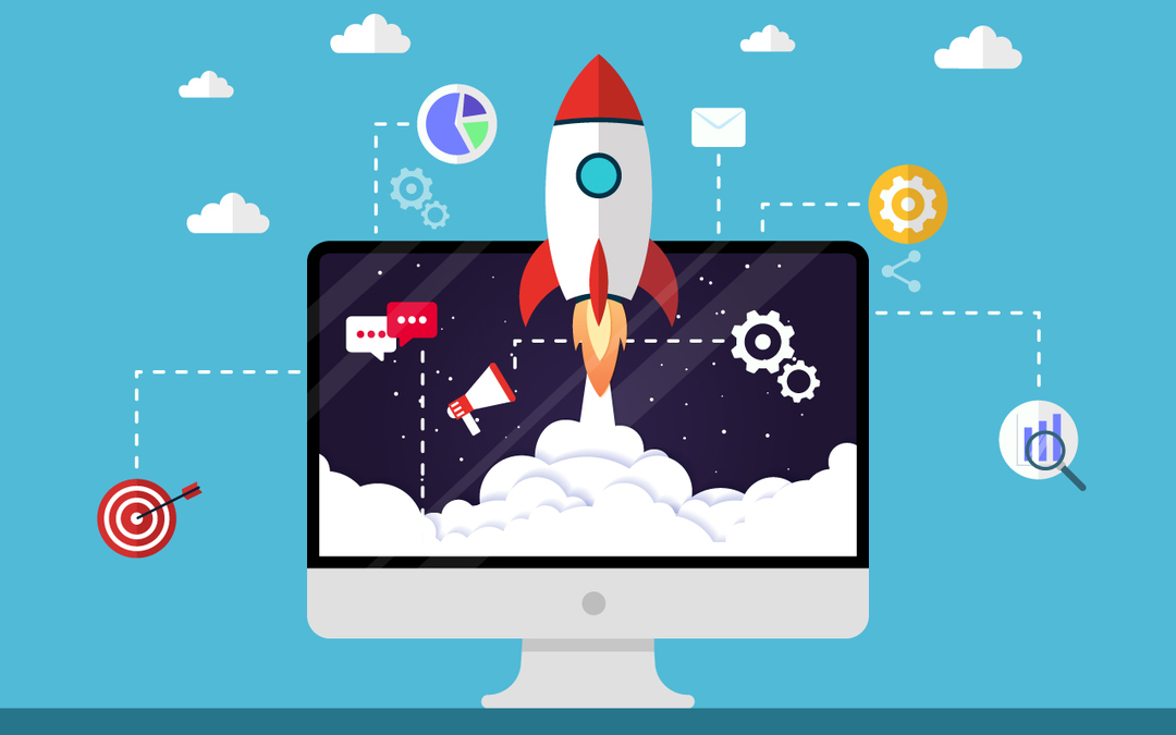 Illustration showing a rocket ship taking off from a computer screen surrounded by social media icons like targets, magnifying glass searches and messages