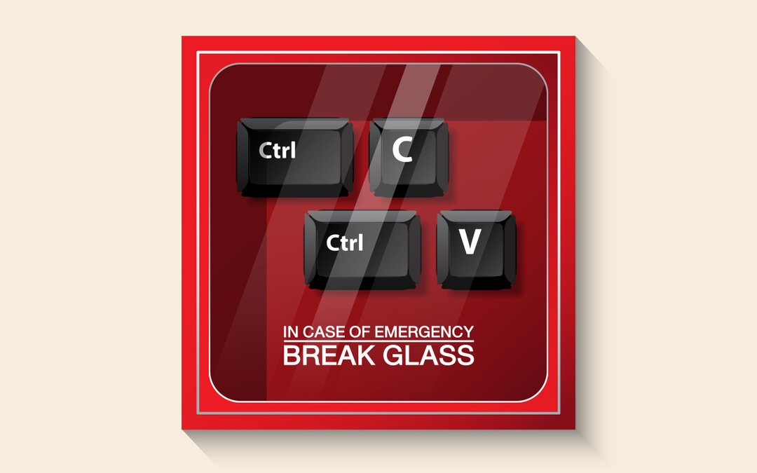 Illustration showing an emergency break glass box containing the Control and C keys alongside the Control and V keys