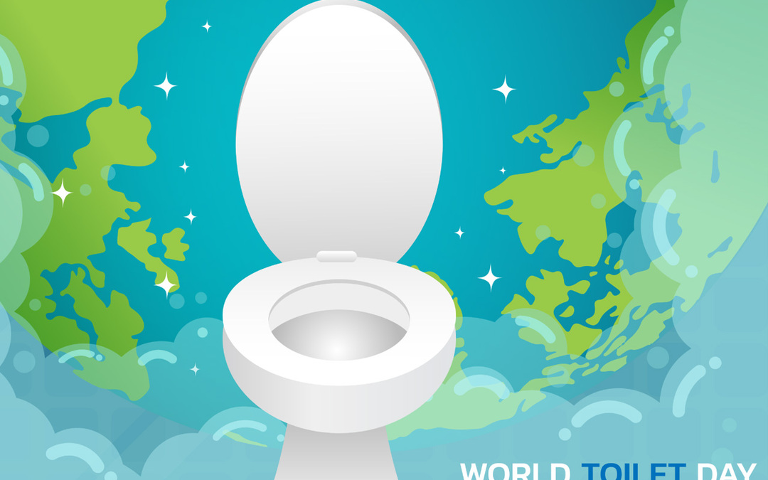 Illustration showing an open pristine white toilet in front of a globe