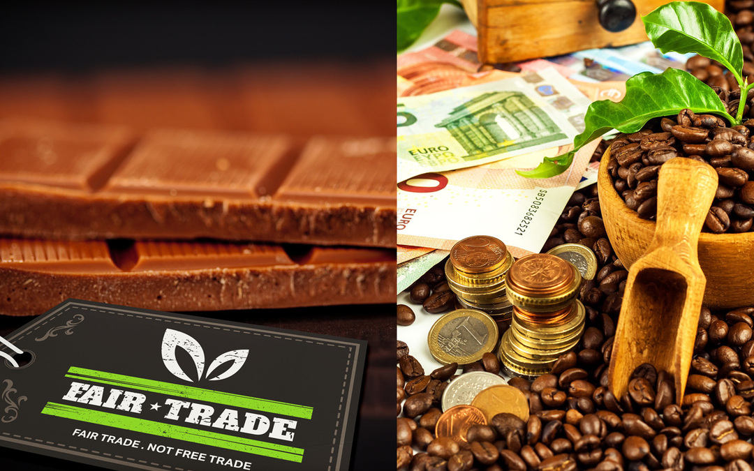 Pic showing a split between some chocolate with a Fairtrade label and coffee beans, a scoop and some money on a white background